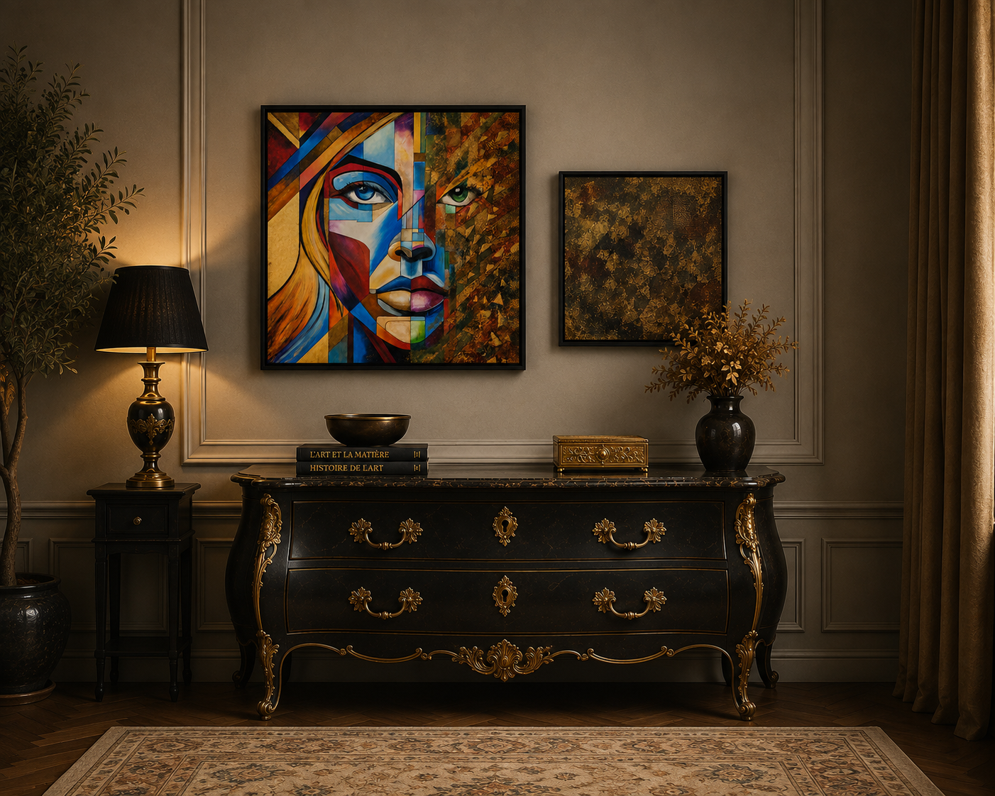 commode tombeau noire et or et son marbre, tableaux contemporains aquarelle, effets de matières, feuilles d'or et patines