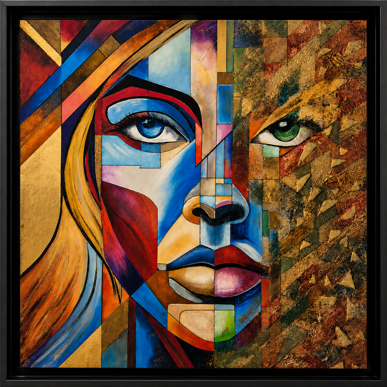 tableau contemporain - oeuvre portrait destructure aquarelle - resine et feuille d or vieillie - patines aux pigments naturels